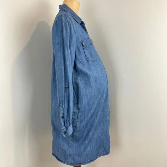 Motherhood Maternity Small Blue Denim Button Down Knee Length Dress Pregnancy - Picture 4 of 15